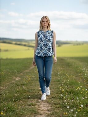 Dex Blue Medallion Sleeveless Boho Blouse - Size XL